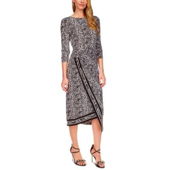 MICHAEL MICHAEL KORS Womens Black Ruched Faux Wrap Asymmetrical Hem 3/4 Sleeve - Picture 1 of 2